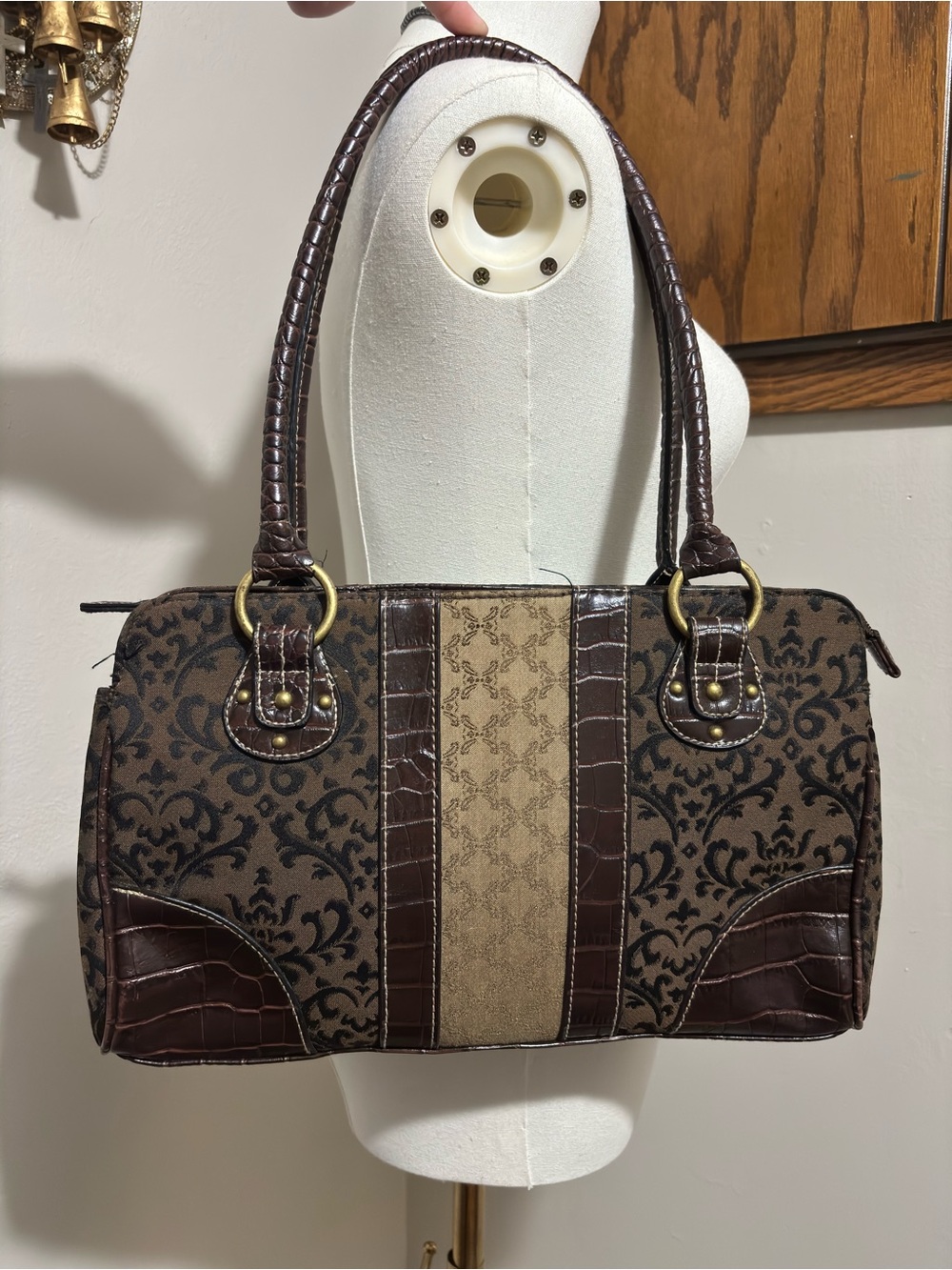 Source Unknown Brown Croc Patterned Shoulder Satchel with Gold Hardware